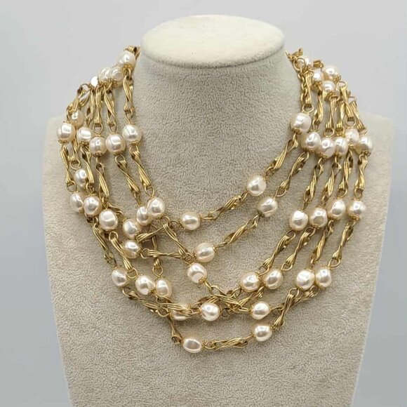 J Crew 12 Strands of Faux Pearls Gold Tone Link Necklace - Picture 12 of 13